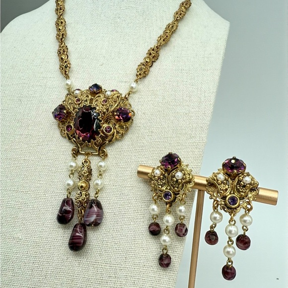 Vintage W Germany Purple Glass Filigree Necklace Earrings Set Parure - Picture 6 of 17